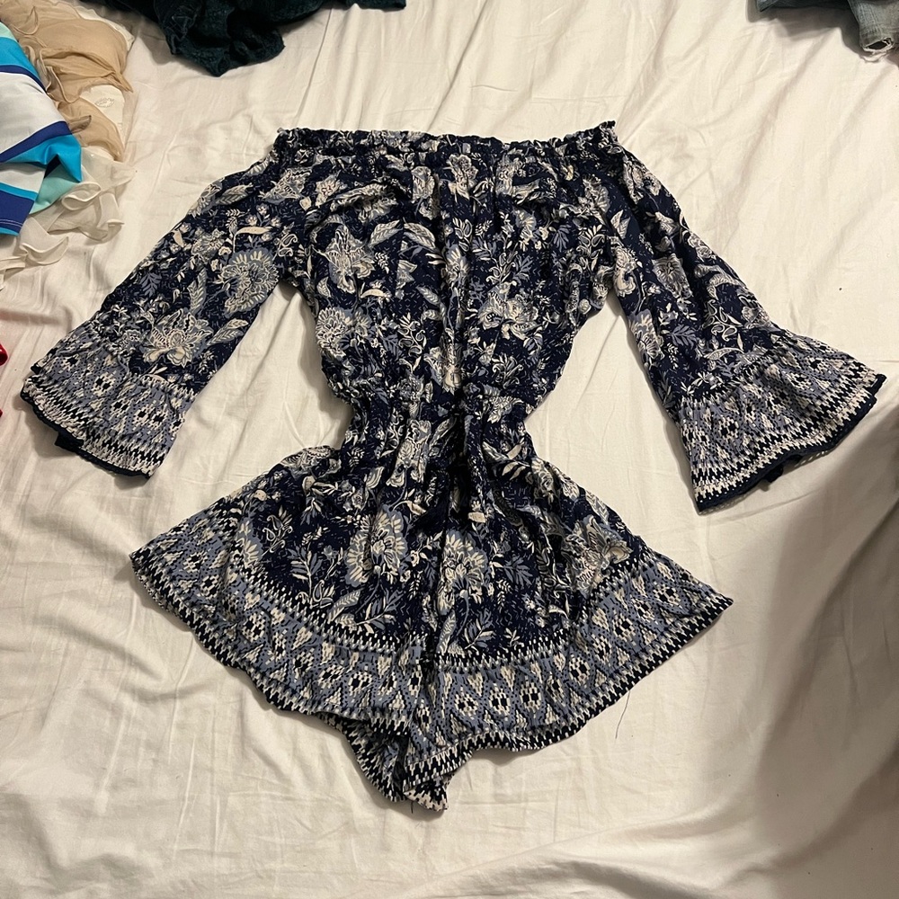 Angie Navy Floral Blouse with White Accents - Picture 2 of 6